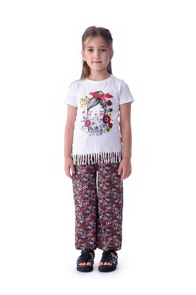 Victor and Jane By Styli Girl Graphic Fringe Hem T-Shirt & Floral Pants Set