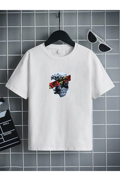 VASK Unisex Άνετο Παιδικό μπλουζάκι από βαμβακερό εμπριμέ λευκό