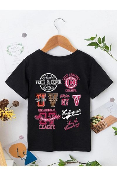 VASK Unisex Άνετο βαμβακερό εμπριμέ μαύρο παιδικό μπλουζάκι