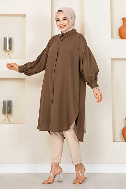 EBRUTESETTÜR Balloon Sleeve and Buttoned Shirt Collar Hijab Tunic - Oval Cut