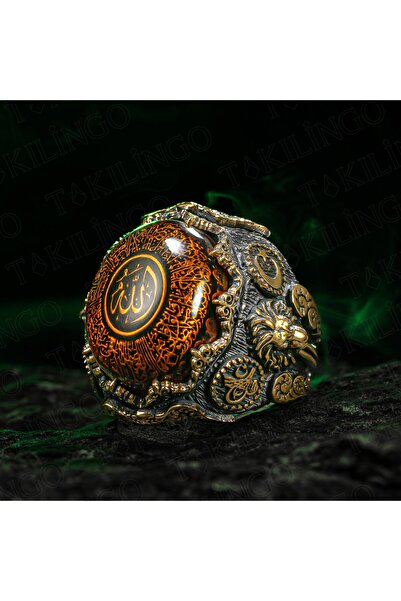 Takılingo 925 Ayar Gümüş Kehribar Taşlı Ayetel Kursi İşlemeli Aslan Motifli E...