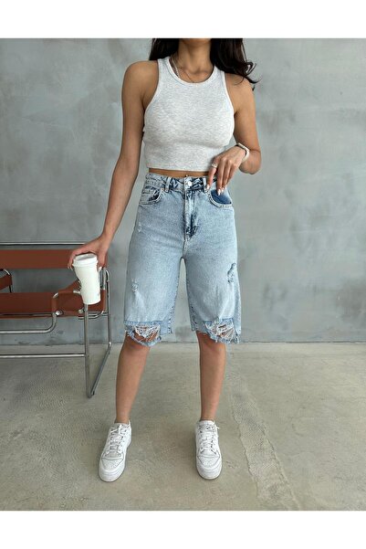 Zeo Basic LAZERLİ (YIRTIKLI) BERMUDA ŞORT MAVİ TİNTLİ