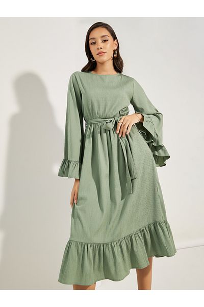 Styli Wide Frill Sleeves Midi Dress with Tie Belt
