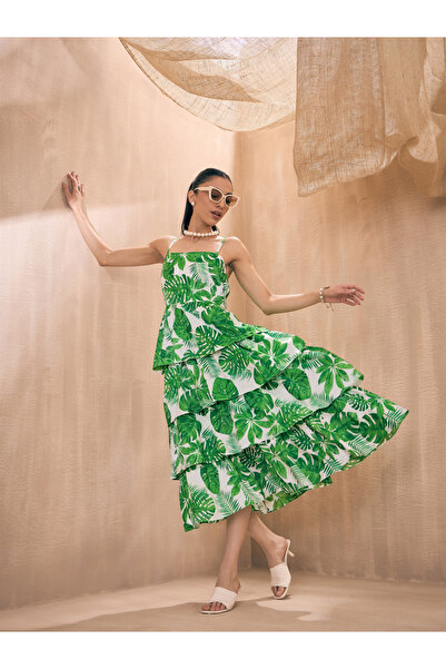 Sassafras By Styli Strappy Leaf Print Layered Frill Midi Dress