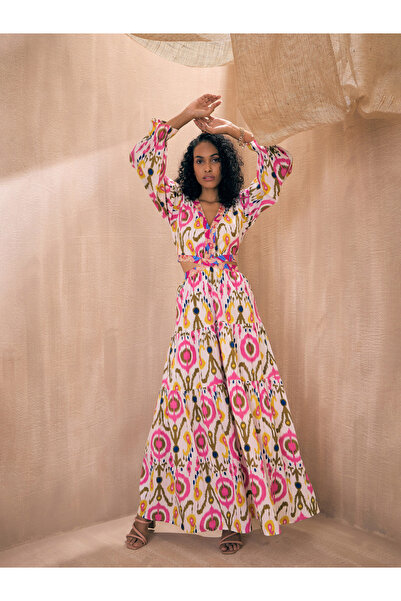 Sassafras By Styli Ikat Print Cut-Out Waist Tiered Maxi Dress