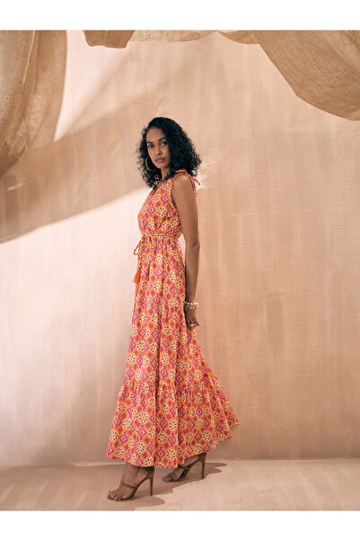 Sassafras By Styli Ikat Print Shoulder Tie Belted Tiered Maxi Dress