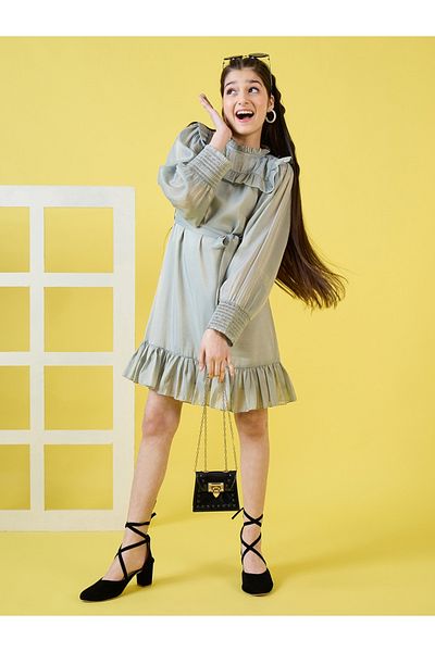 Stylo Bug By Styli Ruffled High Neck Dress with Tie Belt