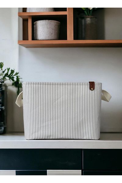PRENDİ HOME Gray Striped Multi-Purpose In-Cabinet Toy Storage Box Basket Organizer 27X37X25
