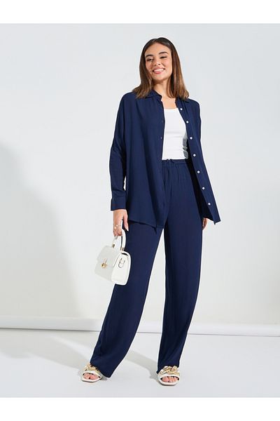 Styli Oversized Crinkle Shirt & Wide Leg Pants Co-Ords