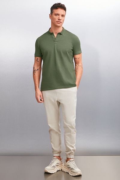 GRIMELANGE MARTEN pánské 100% bavlněné tričko Regular Fit Khaki Polo s krátkým rukávem