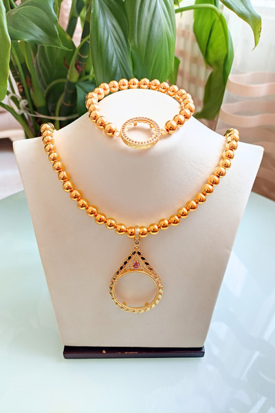 TwinsCollection Tamlı Altın Uyumlu 10mm Kolye Bileklik Seti - Çeyrekli Bilekl...