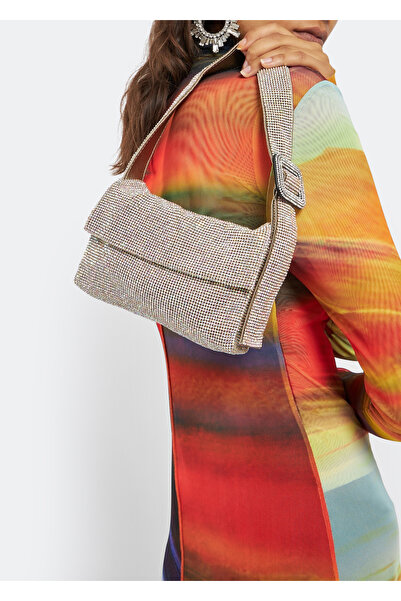 Moom Bag Geantă de umăr pentru femei, țesută cu piatră, cu cataramă aurie