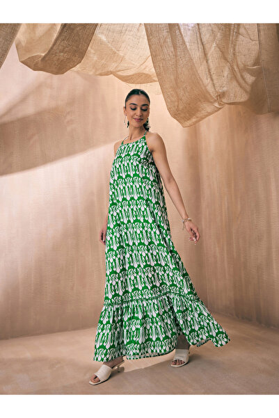Sassafras By Styli All Over Print Halter Neck Maxi Dress