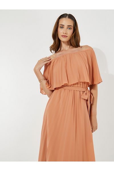 Styli Pleated Overlay Off Shoulder Neck Midi Dress