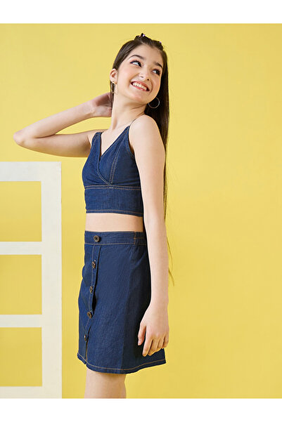 Stylo Bug By Styli Shirred Back Denim Crop Top & Shorts Set