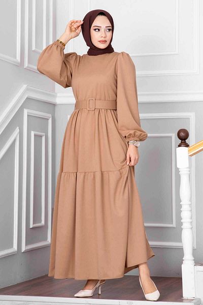 EBRUTESETTÜR Beliz Belted Hijab Dress Honey Foam