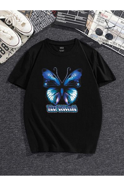 MODADEER Unisex Μπλουζάκι με μπλε πεταλούδα Oversize