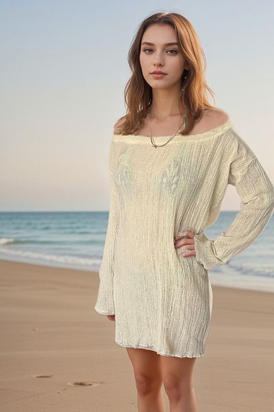 poupee Κρεμ Ζαρωμένο Φόρεμα Παραλίας - Καλοκαιρινό Ανοιχτό Φόρεμα