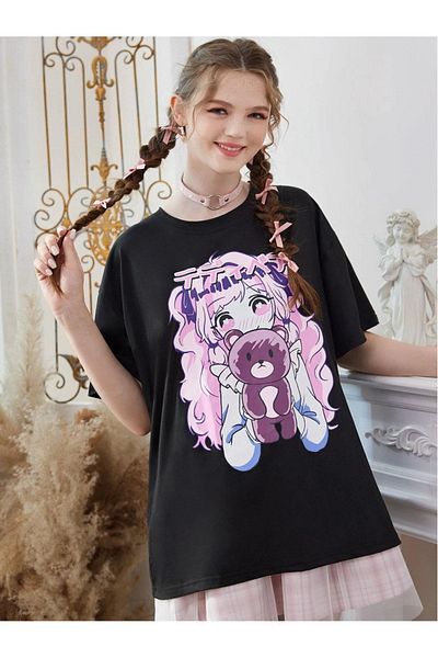 VASK Unisex PINK ANIME Printed Oversize T-Shirt