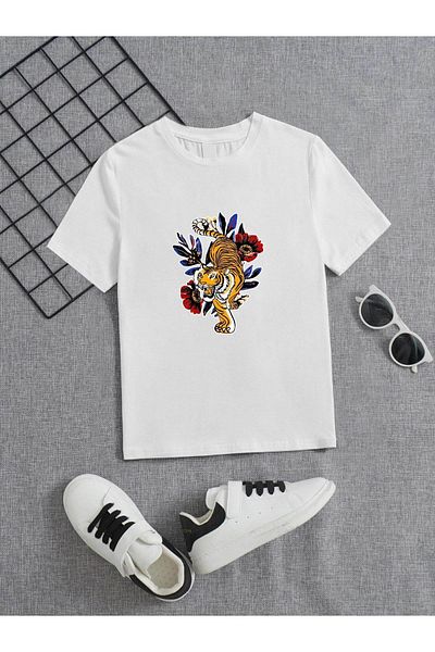VASK Unisex Άνετο Παιδικό μπλουζάκι από βαμβακερό εμπριμέ λευκό