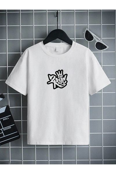 VASK Unisex Άνετο Παιδικό μπλουζάκι από βαμβακερό εμπριμέ λευκό