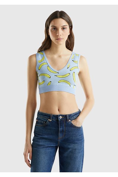 United Colors of Benetton Light Blue 3d Banana Patterned V-neck Cotton Blend Knitwear Women's Bustier