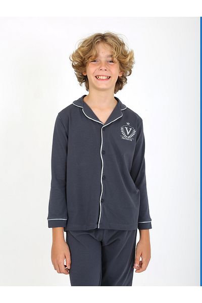 vitmo Boy's Pajama Set - Long Sleeve, Buttoned, Solid Vip Anthracite
