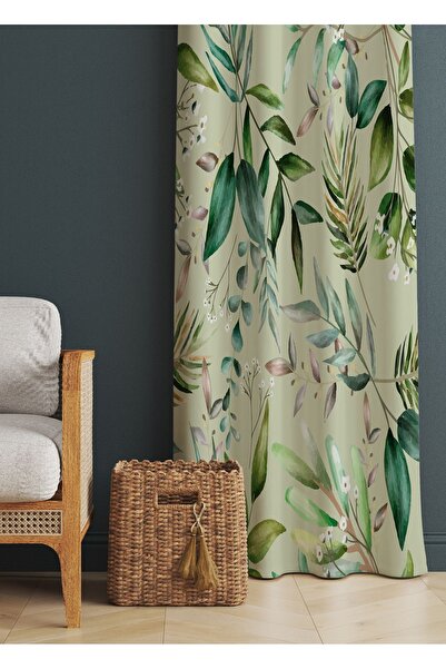 ALAMODECOR Yeşil Tropikal Yaprak Desenli Oturma Odası § Salon Fon Perdesi Tek...