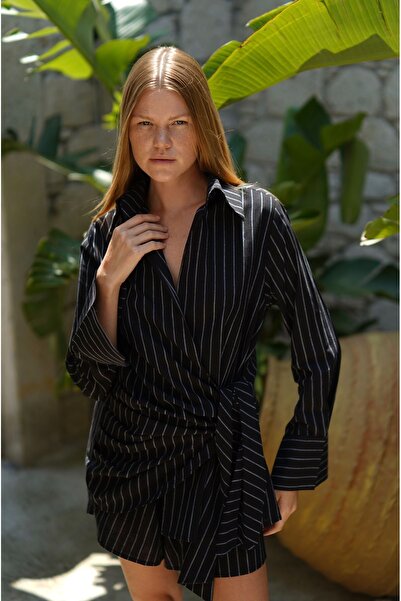 PELIA Montana Siyah Keten Pamuk Çizgili Gömlek Şort Takım