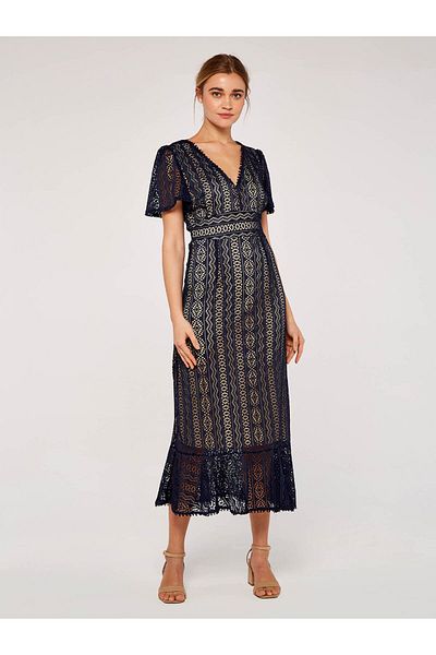 Apricot Midikleid mit V-Ausschnitt aus Spitze
