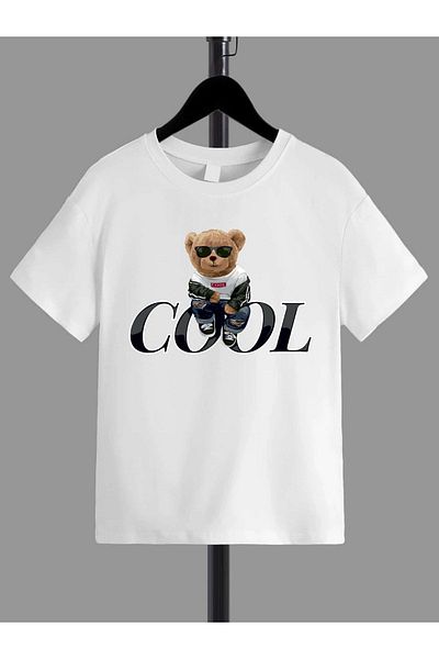 VASK Tricou pentru copii unisex, confortabil, din bumbac, cu imprimeu cu ursuleț de pluș