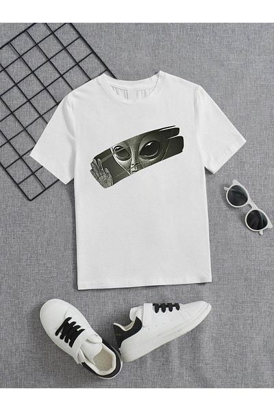 VASK Unisex Άνετο Παιδικό μπλουζάκι από βαμβακερό εμπριμέ λευκό