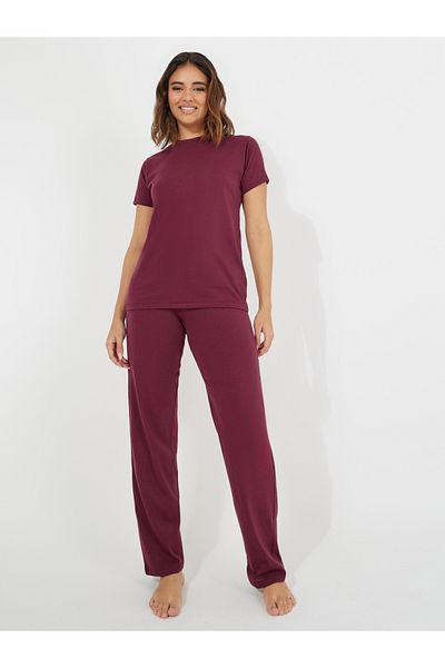 Styli Solid Cotton T-Shirt & Straight Pyjama Set