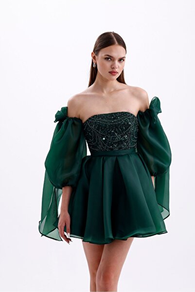 Tangül&Ali'S Moda Evi İşlemeli Zümrüt Yeşili Dalya Elbise