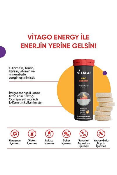 Vitago Energy L-karnitin, Taurin, Kafein Içeren 10 Efervesan Tablet