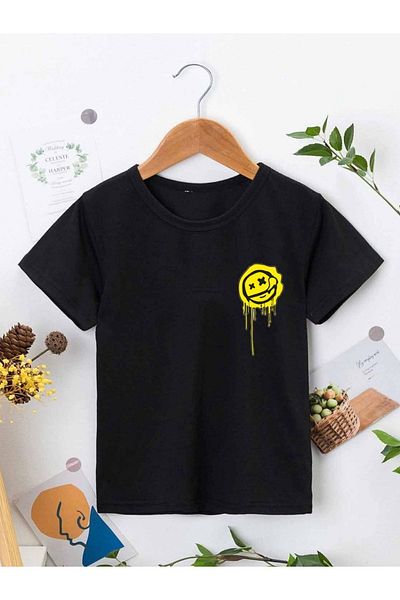 VASK Unisex Άνετο βαμβακερό εμπριμέ μαύρο παιδικό μπλουζάκι