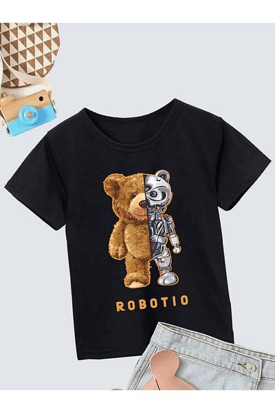 VASK Unisex Άνετο βαμβακερό εμπριμέ μαύρο παιδικό μπλουζάκι