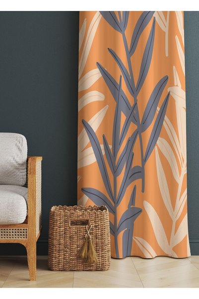 ALAMODECOR Turuncu Mavi Yaprak Model Oturma Odası § Salon Fon Perdesi Tek Kanat
