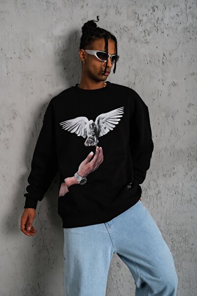 VASK UNISEX OVERSIZE COTTON 'BIRD' PRINTED CREW COLLAR SWEATSHIRT