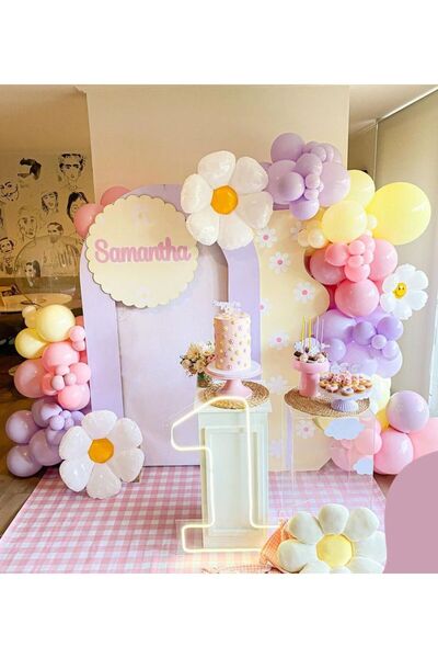 Çemrek Süs Parti Makaron Lila Pembe Sarı Papatyalı Balon Zinciri Seti 100'lü