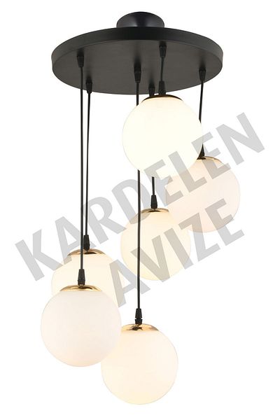 SONSUZ AYDINLATMA&AVİZE 6-Piece White Ball Globe Glass Black Pendant Lamp Tray - Luxury Chandelier