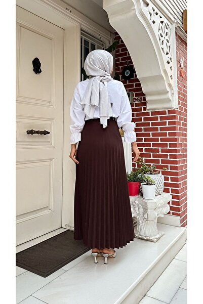 HMT ZEHRA GİYİM Hnedá krepová sukňa Skuba – skladaný a rozšírený strih, veľkosť S-M-L-XL