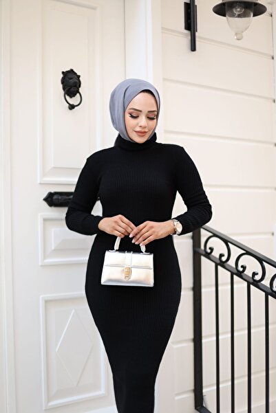 HİRA LİFE FASHİON Скромна рокля с рибарска яка, плетена, с тясна кройка