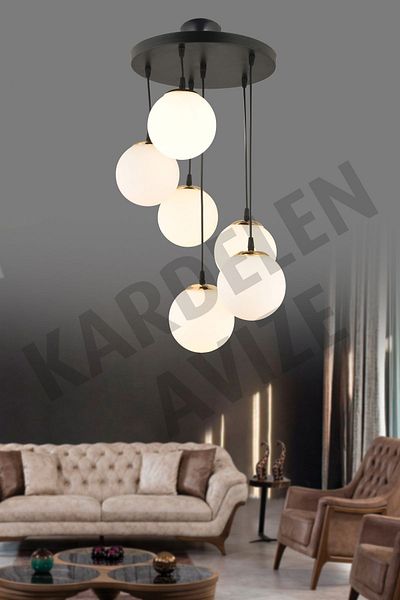 SONSUZ AYDINLATMA&AVİZE 6-Piece White Ball Globe Glass Black Pendant Lamp Tray - Luxury Chandelier