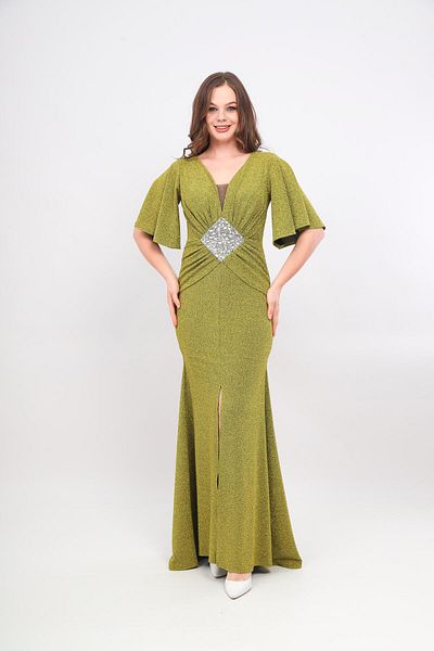 Robes Glittery V-neck Embroidered and Gather Detailed Fish Dress