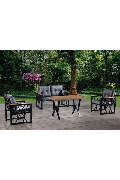 Tu Tienda AÇELYA 2+1+1+MASA(70*120) BAHÇE BALKON MUTFAK TAKIMI,SİYAH METAL/KO...