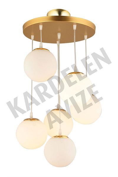 SONSUZ AYDINLATMA&AVİZE Gold Pendant Tray - 6-Piece White Globe Glass Luxury Chandelier Set