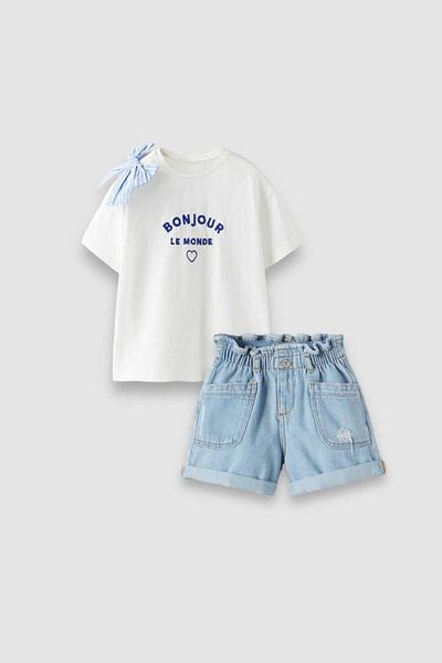 Teeny Weeny Kids Girl's Denim Bow T-Shirt and Shorts Set