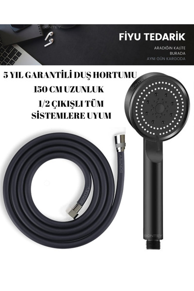 FİYU TEDARİK Siyah Spa Duş Başlığı & Garantili Siyah Duş Hortumu Duş Başlığı Seti Duş Fiskiyesi