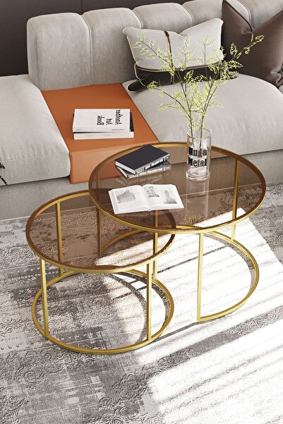 Huga Metal Yavrulu Orta Sehpa 2'li 75 Cm Bronz Cam